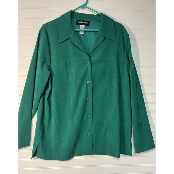 Women's Button-Down Green Faux Suede Shirt Sz 16 Lagenlook Oversized Grannycore - Picture 1 of 8